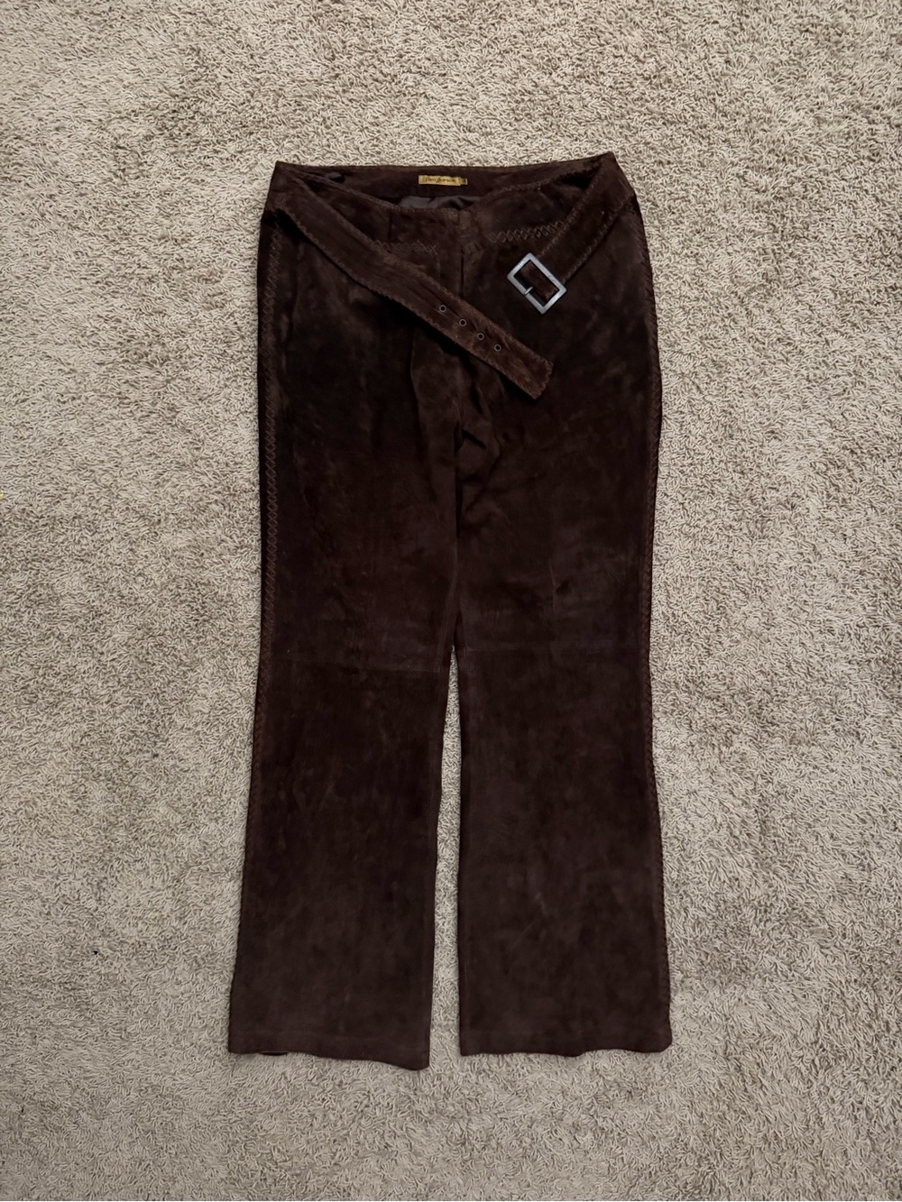 VTG Rem Garson Suede Kickflare Brown Leather Pants Lined Cross Stitch Women's 14